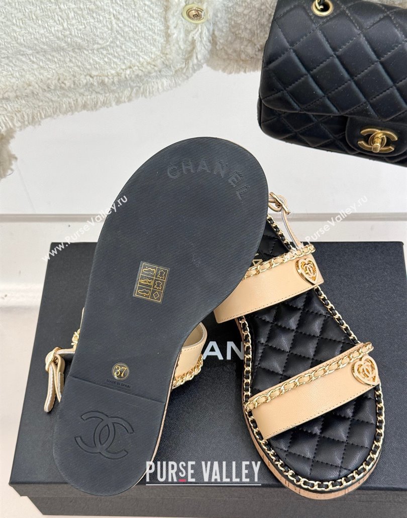 Chanel Calfskin Flat Sandals with Chain and Heart Beige 2025 CH030402 (MD-250304031)