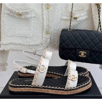 Chanel Calfskin Flat Sandals with Chain and Heart White 2025 CH030402 (MD-250304032)