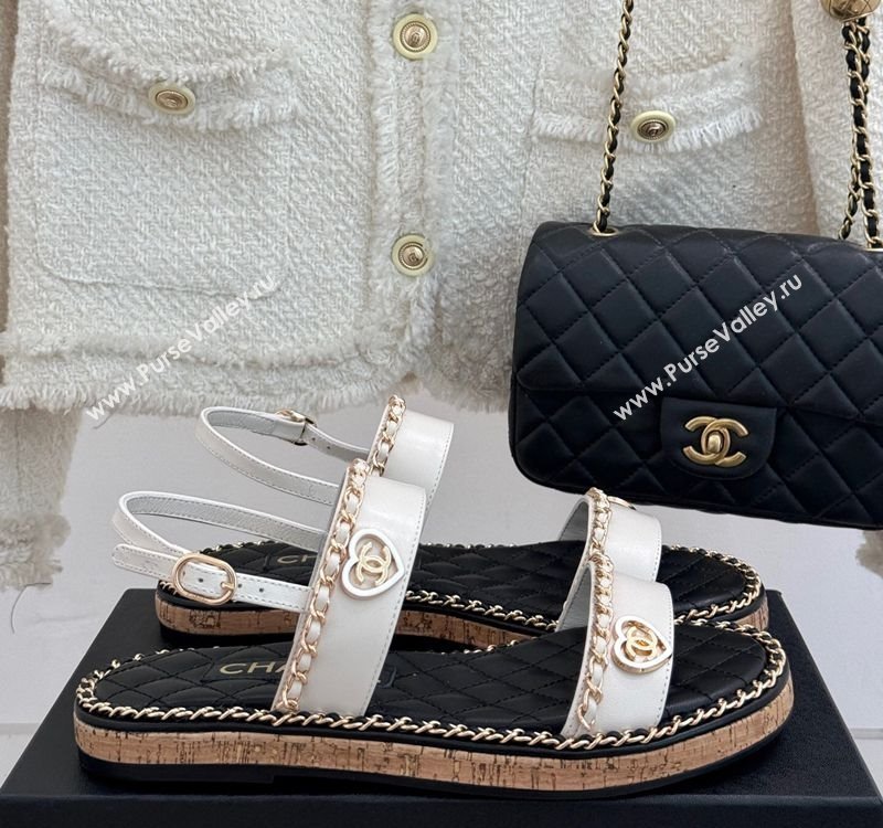 Chanel Calfskin Flat Sandals with Chain and Heart White 2025 CH030402 (MD-250304032)