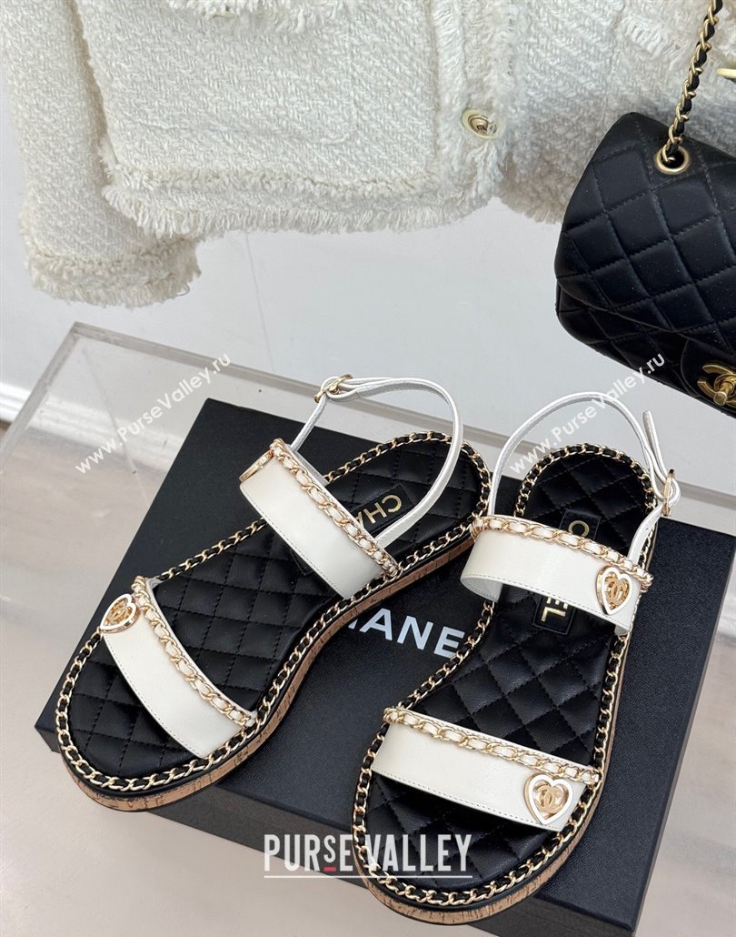 Chanel Calfskin Flat Sandals with Chain and Heart White 2025 CH030402 (MD-250304032)