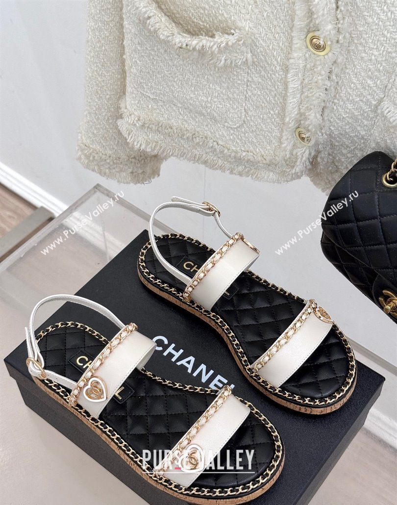 Chanel Calfskin Flat Sandals with Chain and Heart White 2025 CH030402 (MD-250304032)