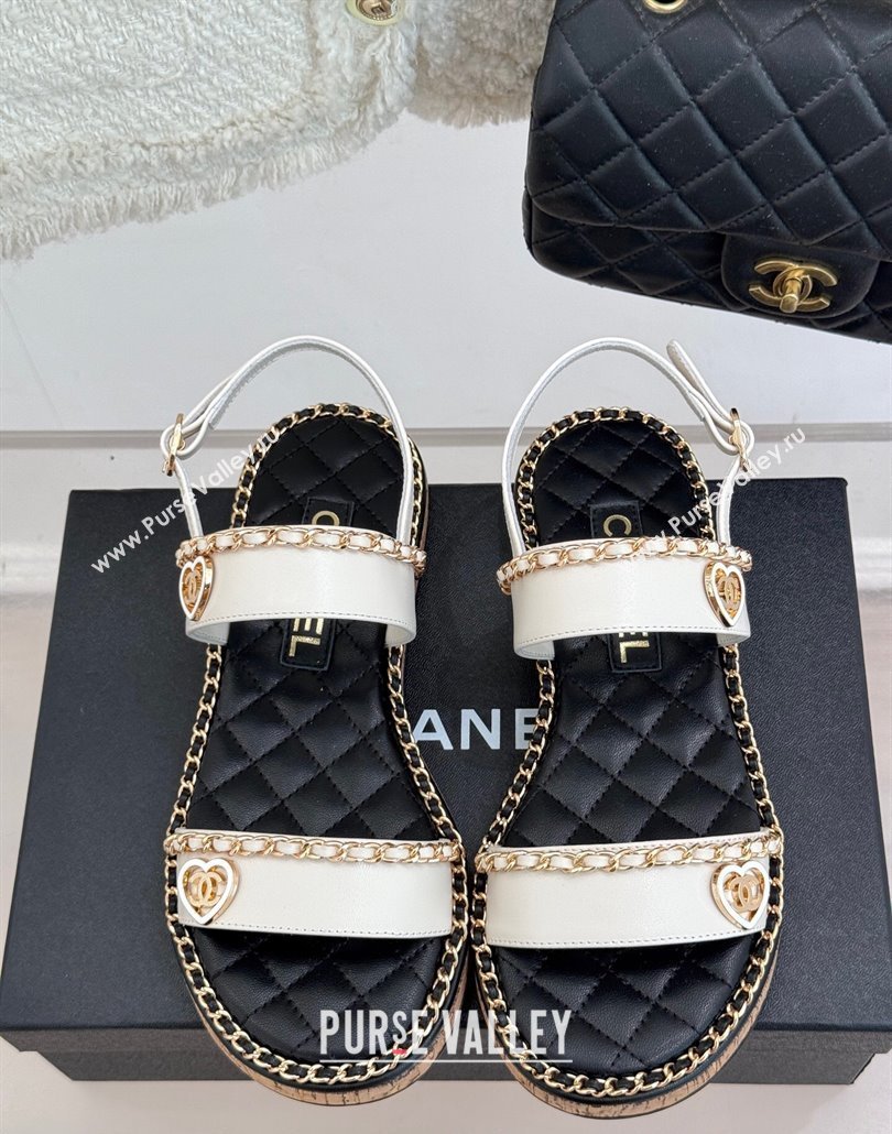 Chanel Calfskin Flat Sandals with Chain and Heart White 2025 CH030402 (MD-250304032)