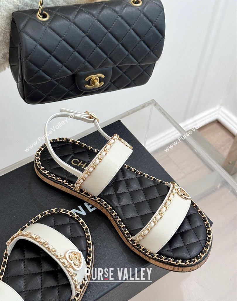 Chanel Calfskin Flat Sandals with Chain and Heart White 2025 CH030402 (MD-250304032)