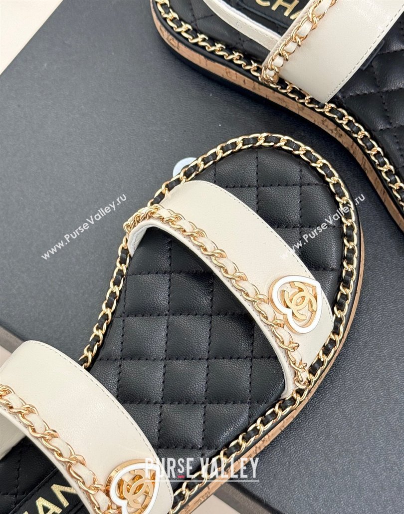 Chanel Calfskin Flat Sandals with Chain and Heart White 2025 CH030402 (MD-250304032)