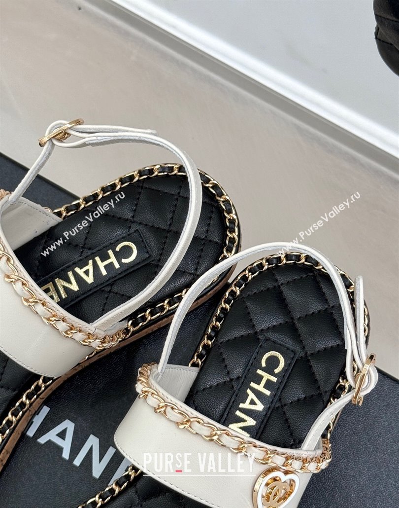Chanel Calfskin Flat Sandals with Chain and Heart White 2025 CH030402 (MD-250304032)