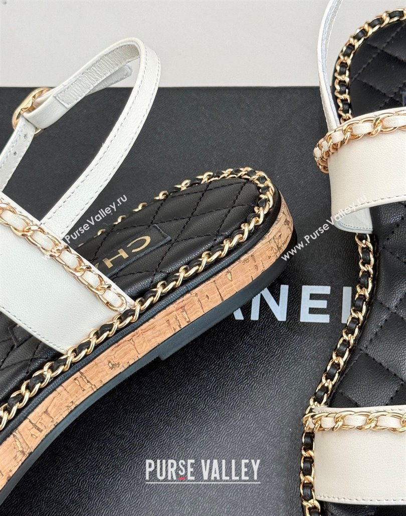 Chanel Calfskin Flat Sandals with Chain and Heart White 2025 CH030402 (MD-250304032)