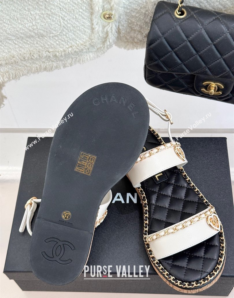 Chanel Calfskin Flat Sandals with Chain and Heart White 2025 CH030402 (MD-250304032)