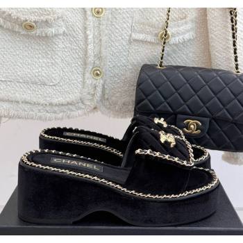 Chanel Velvet Wedge Slides Sandal with Foldover and Chain Black 2025 CH030404 (MD-250304085)