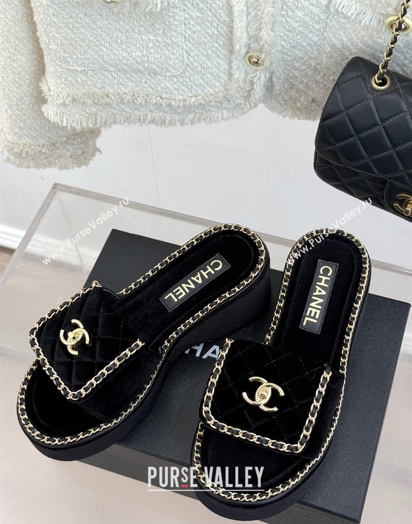 Chanel Velvet Wedge Slides Sandal with Foldover and Chain Black 2025 CH030404 (MD-250304085)