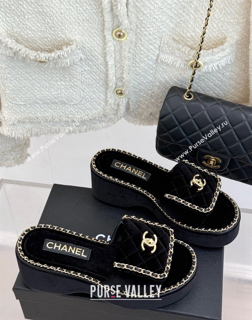 Chanel Velvet Wedge Slides Sandal with Foldover and Chain Black 2025 CH030404 (MD-250304085)