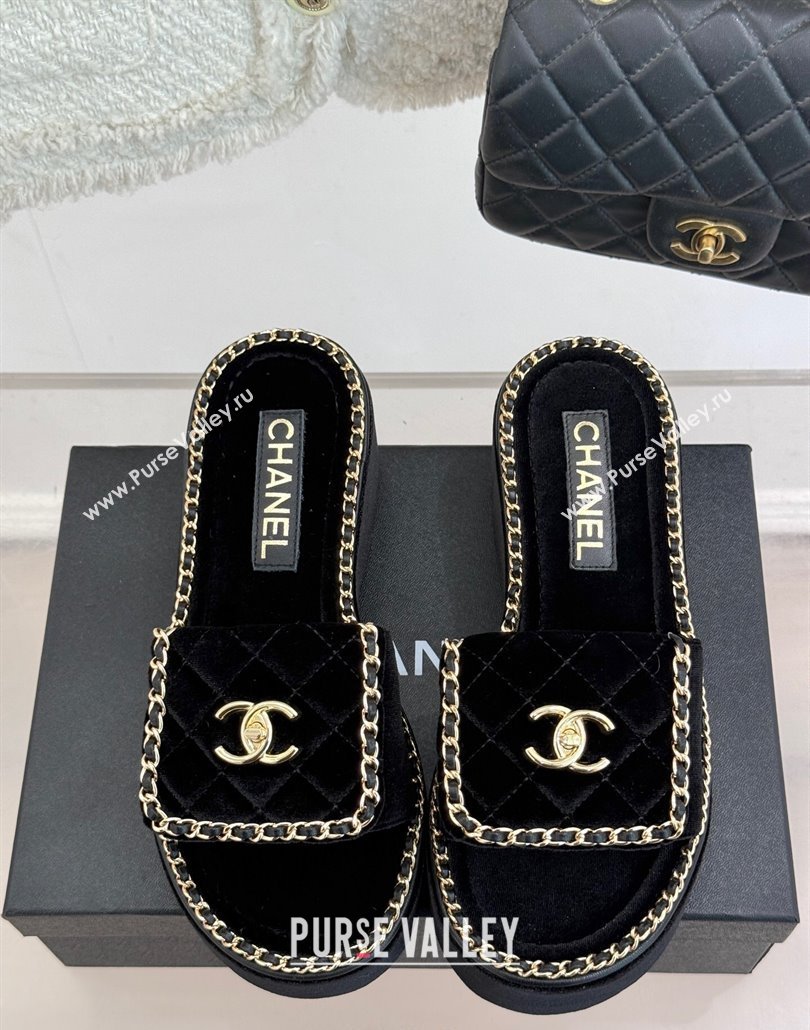 Chanel Velvet Wedge Slides Sandal with Foldover and Chain Black 2025 CH030404 (MD-250304085)