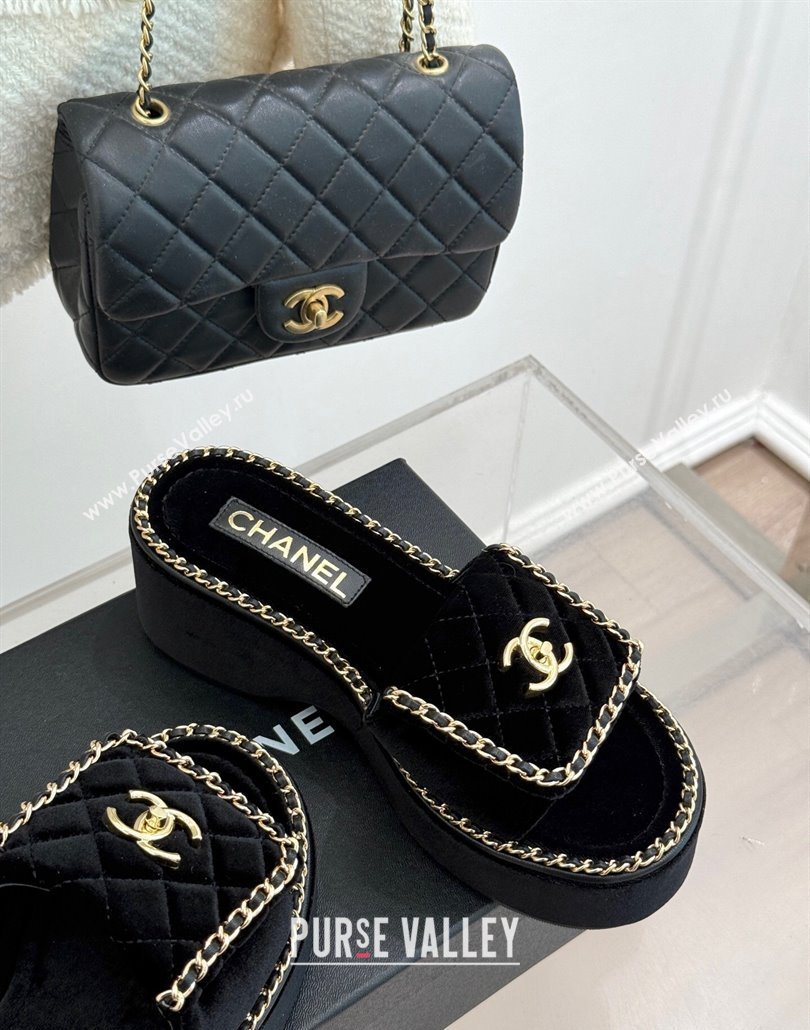 Chanel Velvet Wedge Slides Sandal with Foldover and Chain Black 2025 CH030404 (MD-250304085)
