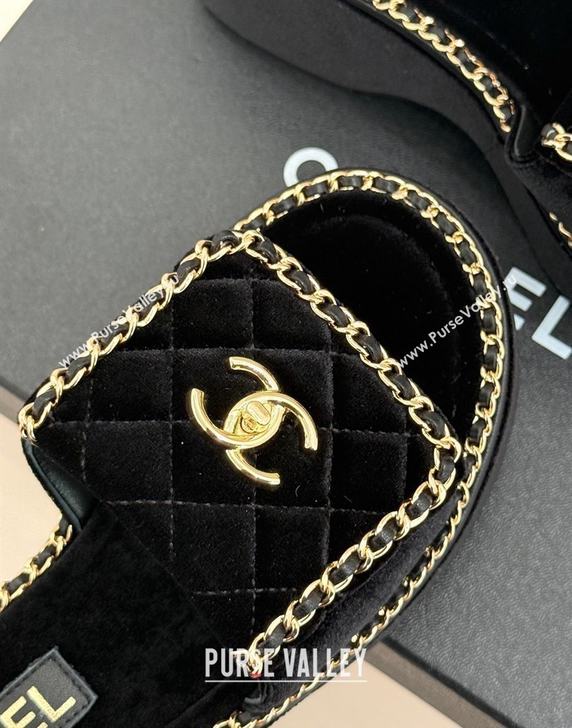 Chanel Velvet Wedge Slides Sandal with Foldover and Chain Black 2025 CH030404 (MD-250304085)
