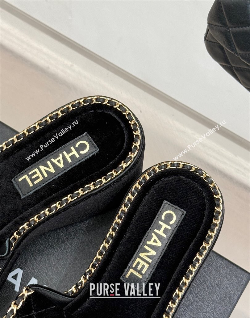 Chanel Velvet Wedge Slides Sandal with Foldover and Chain Black 2025 CH030404 (MD-250304085)