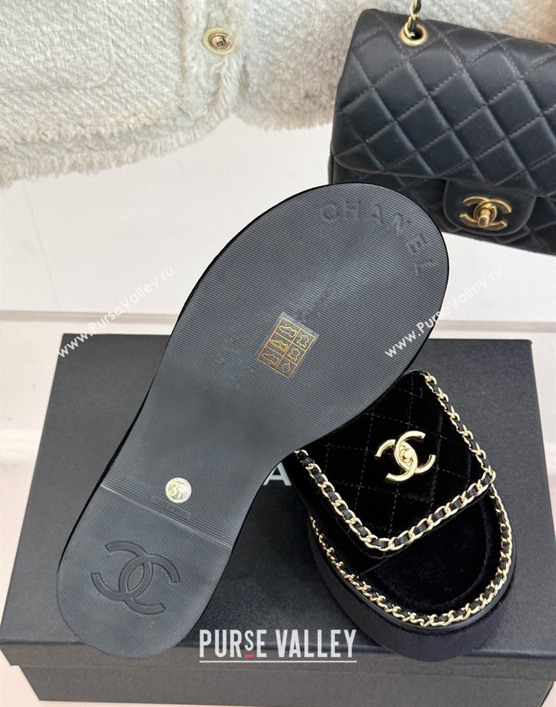 Chanel Velvet Wedge Slides Sandal with Foldover and Chain Black 2025 CH030404 (MD-250304085)