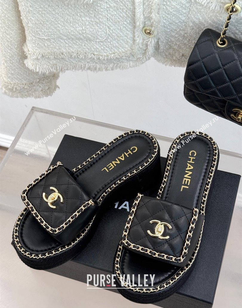 Chanel Lambskin Wedge Slides Sandal with Foldover and Chain Black 2025 CH030404 (MD-250304083)