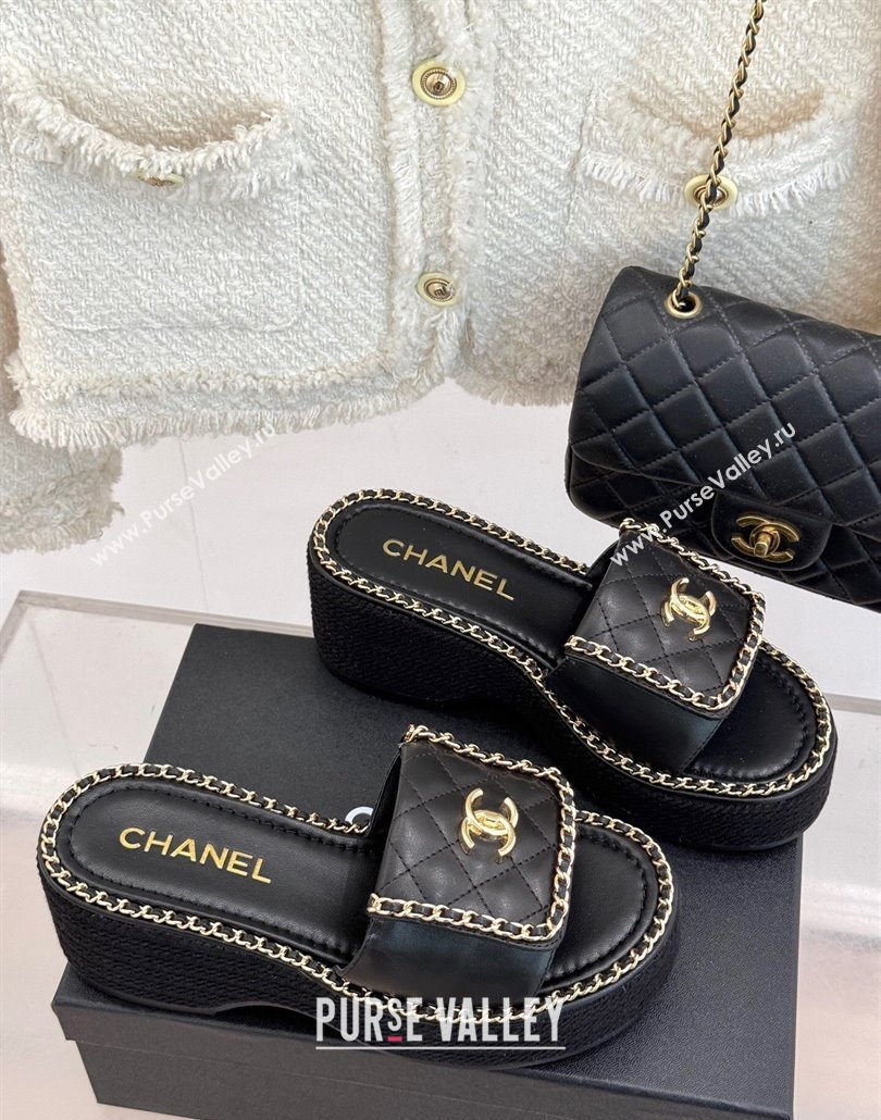 Chanel Lambskin Wedge Slides Sandal with Foldover and Chain Black 2025 CH030404 (MD-250304083)