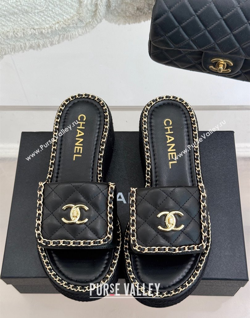 Chanel Lambskin Wedge Slides Sandal with Foldover and Chain Black 2025 CH030404 (MD-250304083)