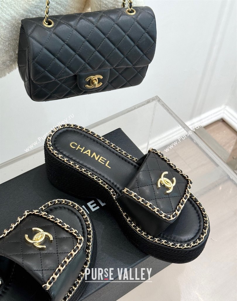 Chanel Lambskin Wedge Slides Sandal with Foldover and Chain Black 2025 CH030404 (MD-250304083)