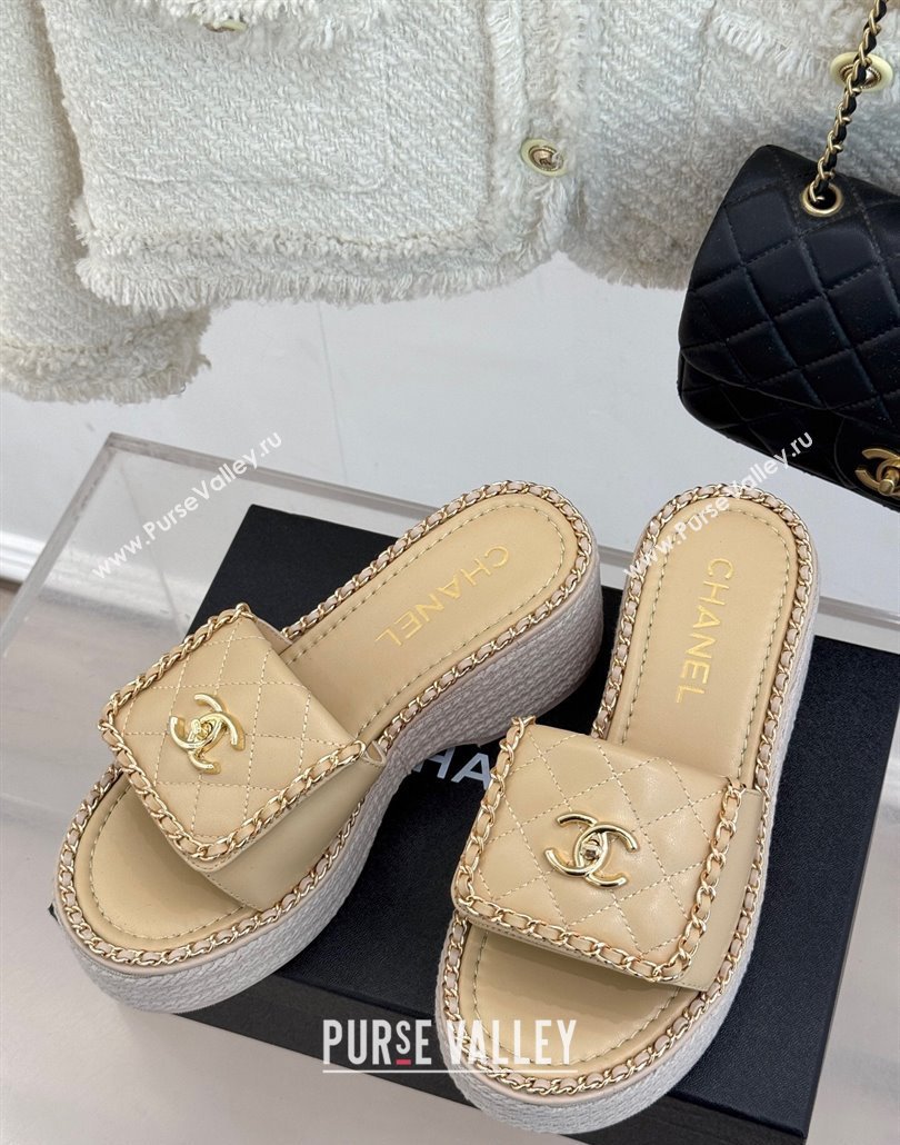Chanel Lambskin Wedge Slides Sandal with Foldover and Chain Beige 2025 CH030404 (MD-250304086)