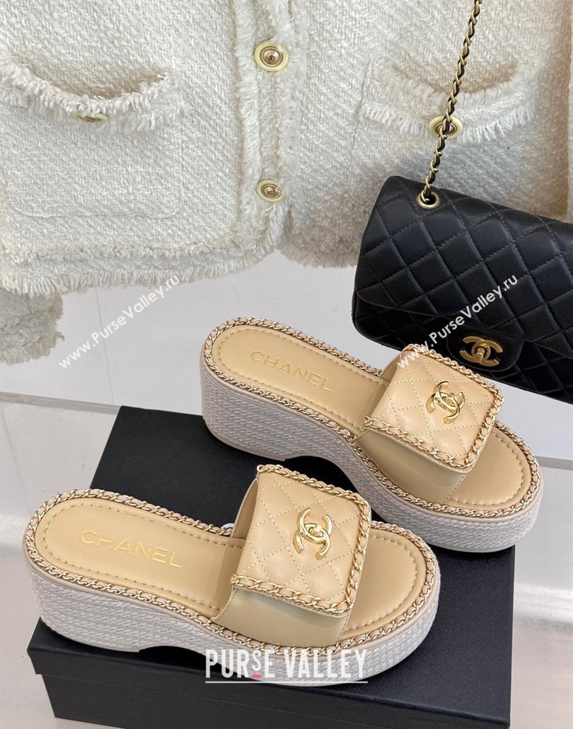 Chanel Lambskin Wedge Slides Sandal with Foldover and Chain Beige 2025 CH030404 (MD-250304086)