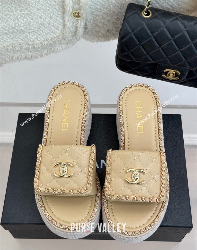 Chanel Lambskin Wedge Slides Sandal with Foldover and Chain Beige 2025 CH030404 (MD-250304086)
