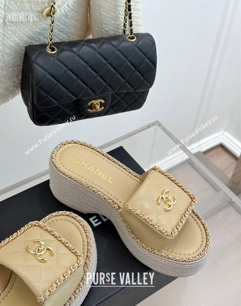 Chanel Lambskin Wedge Slides Sandal with Foldover and Chain Beige 2025 CH030404 (MD-250304086)