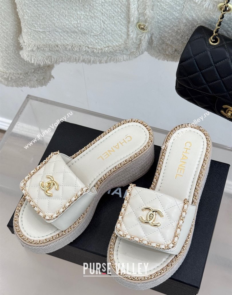 Chanel Lambskin Wedge Slides Sandal with Foldover and Chain White 2025 CH030404 (MD-250304089)