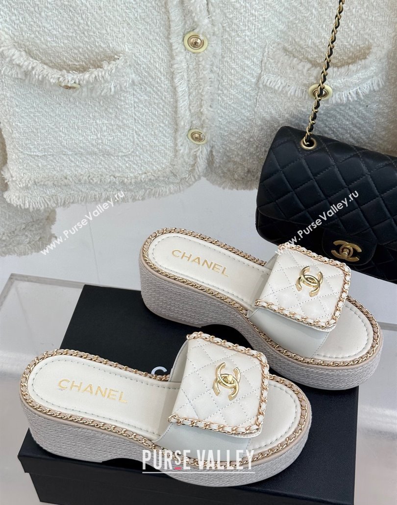 Chanel Lambskin Wedge Slides Sandal with Foldover and Chain White 2025 CH030404 (MD-250304089)
