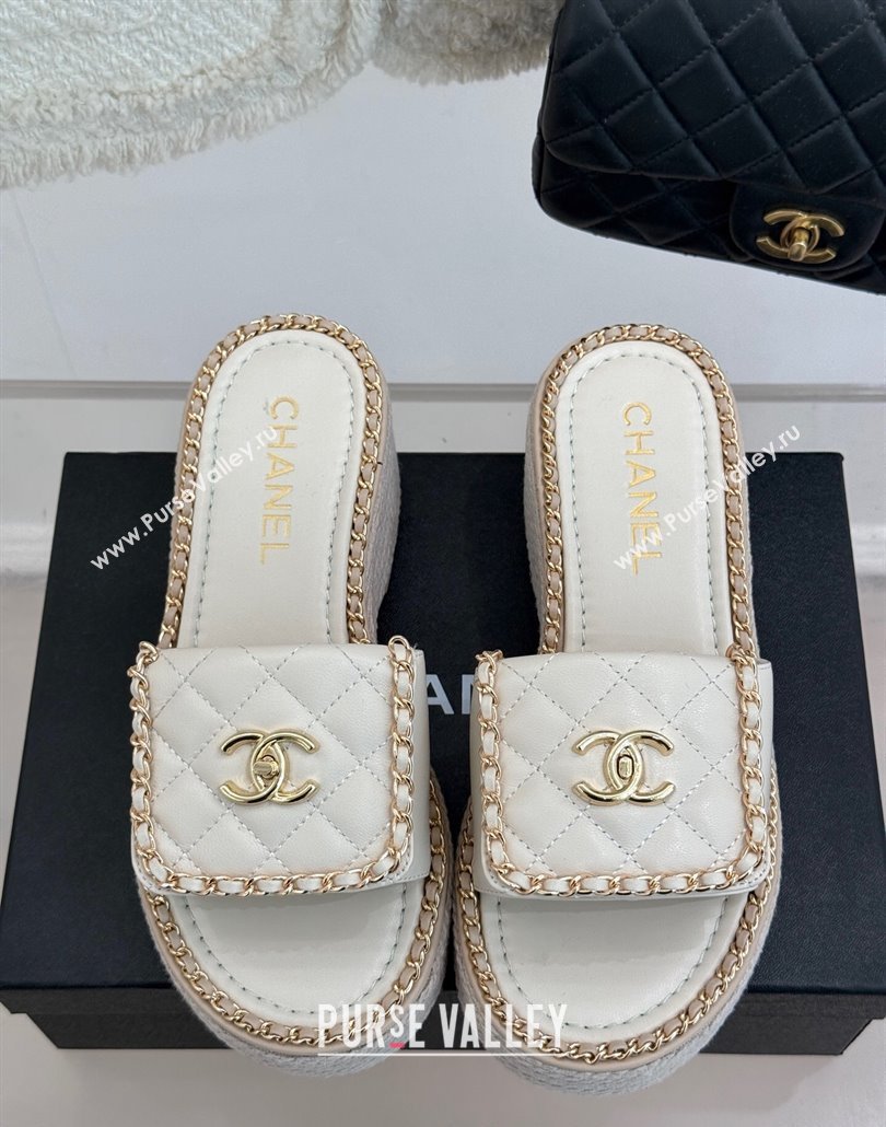 Chanel Lambskin Wedge Slides Sandal with Foldover and Chain White 2025 CH030404 (MD-250304089)