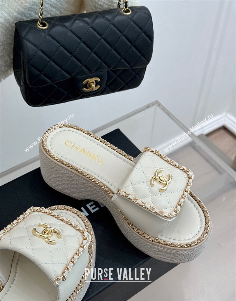 Chanel Lambskin Wedge Slides Sandal with Foldover and Chain White 2025 CH030404 (MD-250304089)