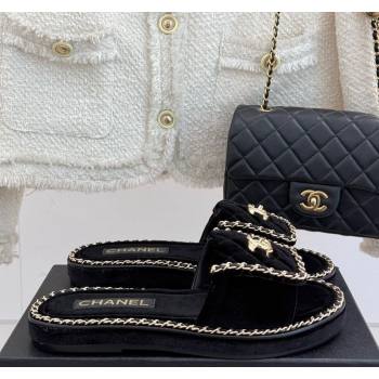 Chanel Velvet Flat Slides Sandal with Foldover and Chain Black 2025 CH030404 (MD-250304091)