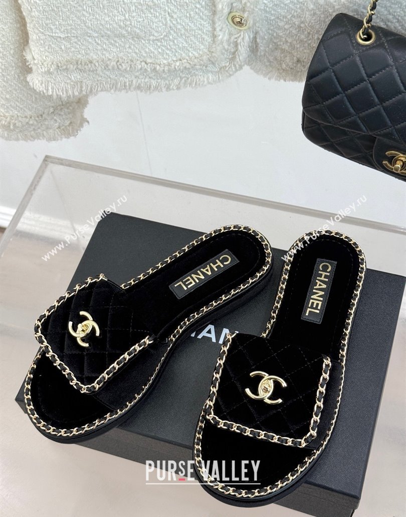 Chanel Velvet Flat Slides Sandal with Foldover and Chain Black 2025 CH030404 (MD-250304091)