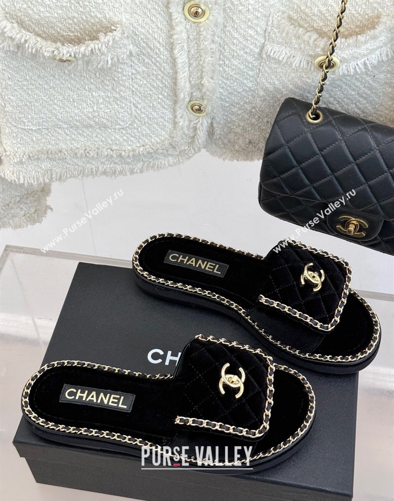 Chanel Velvet Flat Slides Sandal with Foldover and Chain Black 2025 CH030404 (MD-250304091)