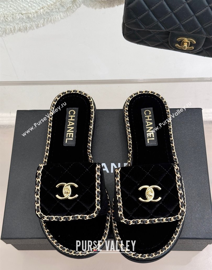 Chanel Velvet Flat Slides Sandal with Foldover and Chain Black 2025 CH030404 (MD-250304091)