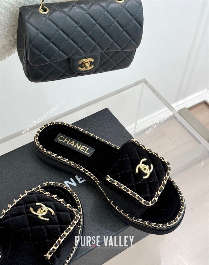Chanel Velvet Flat Slides Sandal with Foldover and Chain Black 2025 CH030404 (MD-250304091)