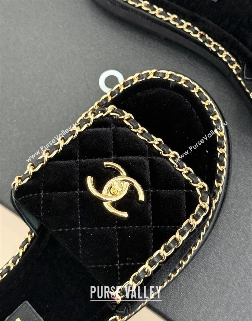 Chanel Velvet Flat Slides Sandal with Foldover and Chain Black 2025 CH030404 (MD-250304091)