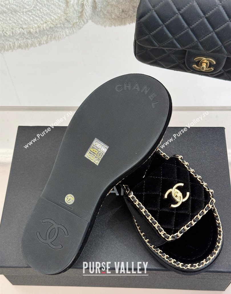 Chanel Velvet Flat Slides Sandal with Foldover and Chain Black 2025 CH030404 (MD-250304091)