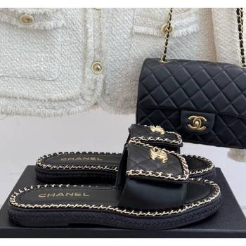 Chanel Lambskin Flat Slides Sandal with Foldover and Chain Black 2025 CH030404 (MD-250304090)