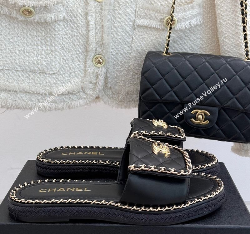 Chanel Lambskin Flat Slides Sandal with Foldover and Chain Black 2025 CH030404 (MD-250304090)