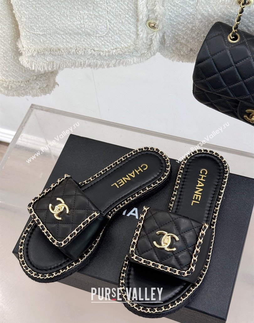 Chanel Lambskin Flat Slides Sandal with Foldover and Chain Black 2025 CH030404 (MD-250304090)