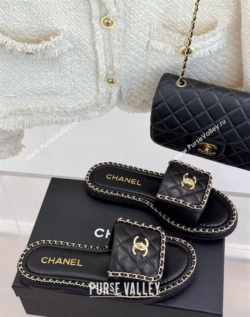 Chanel Lambskin Flat Slides Sandal with Foldover and Chain Black 2025 CH030404 (MD-250304090)