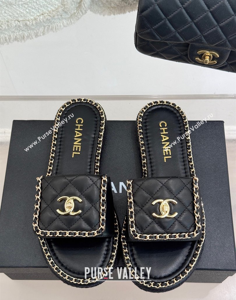 Chanel Lambskin Flat Slides Sandal with Foldover and Chain Black 2025 CH030404 (MD-250304090)