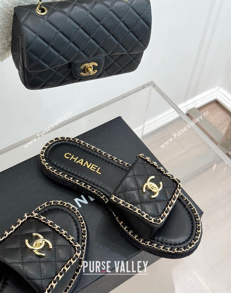 Chanel Lambskin Flat Slides Sandal with Foldover and Chain Black 2025 CH030404 (MD-250304090)