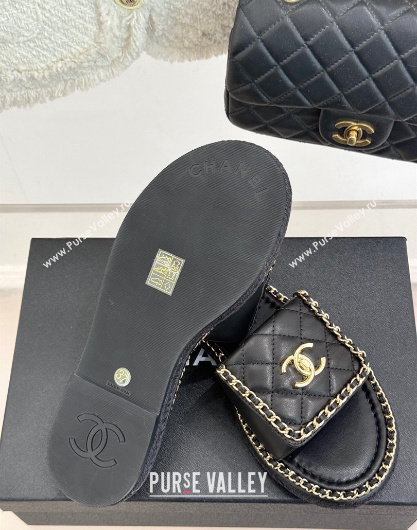 Chanel Lambskin Flat Slides Sandal with Foldover and Chain Black 2025 CH030404 (MD-250304090)