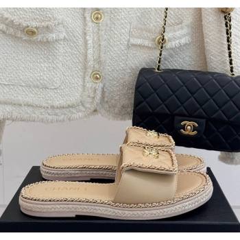 Chanel Lambskin Flat Slides Sandal with Foldover and Chain Beige 2025 CH030404 (MD-250304092)