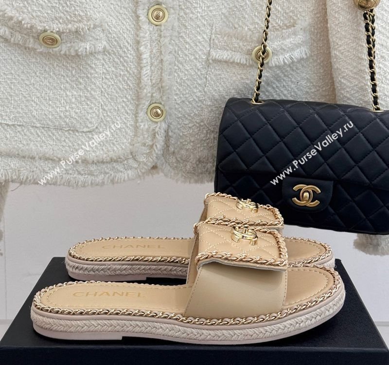 Chanel Lambskin Flat Slides Sandal with Foldover and Chain Beige 2025 CH030404 (MD-250304092)