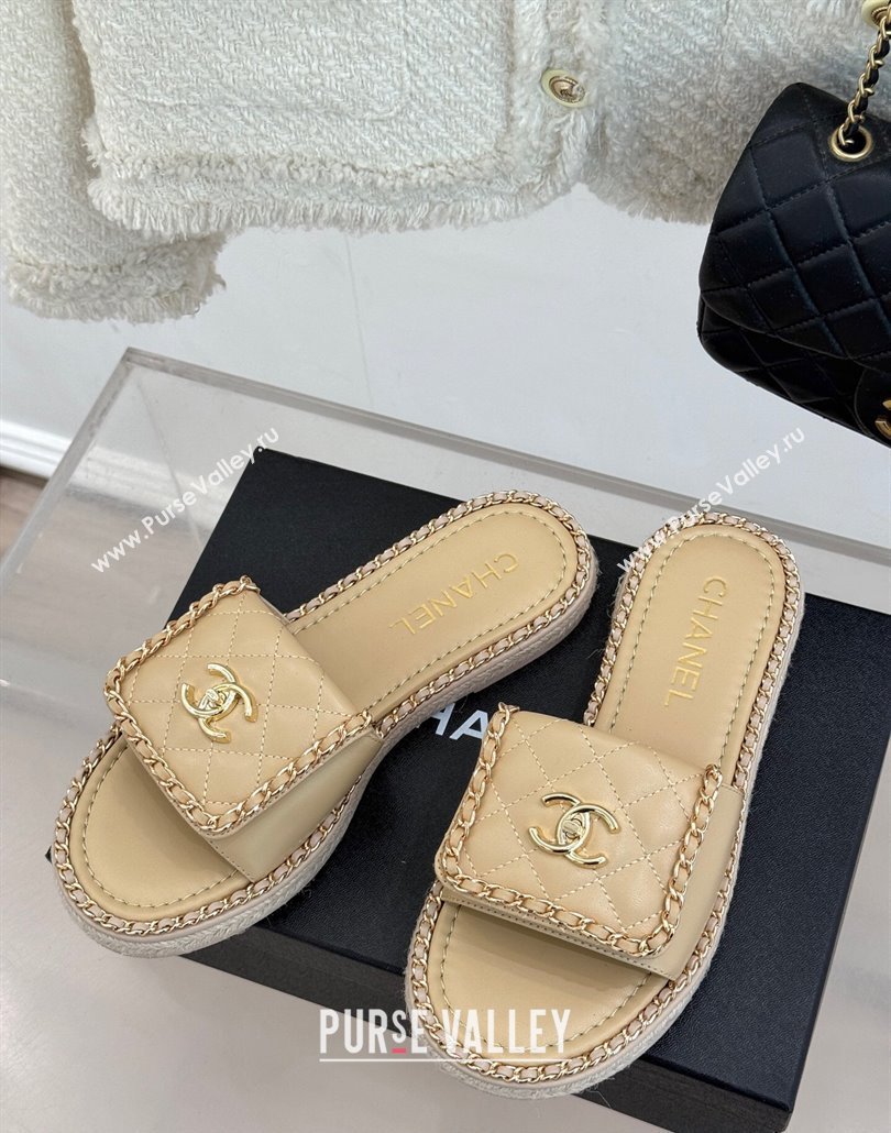 Chanel Lambskin Flat Slides Sandal with Foldover and Chain Beige 2025 CH030404 (MD-250304092)