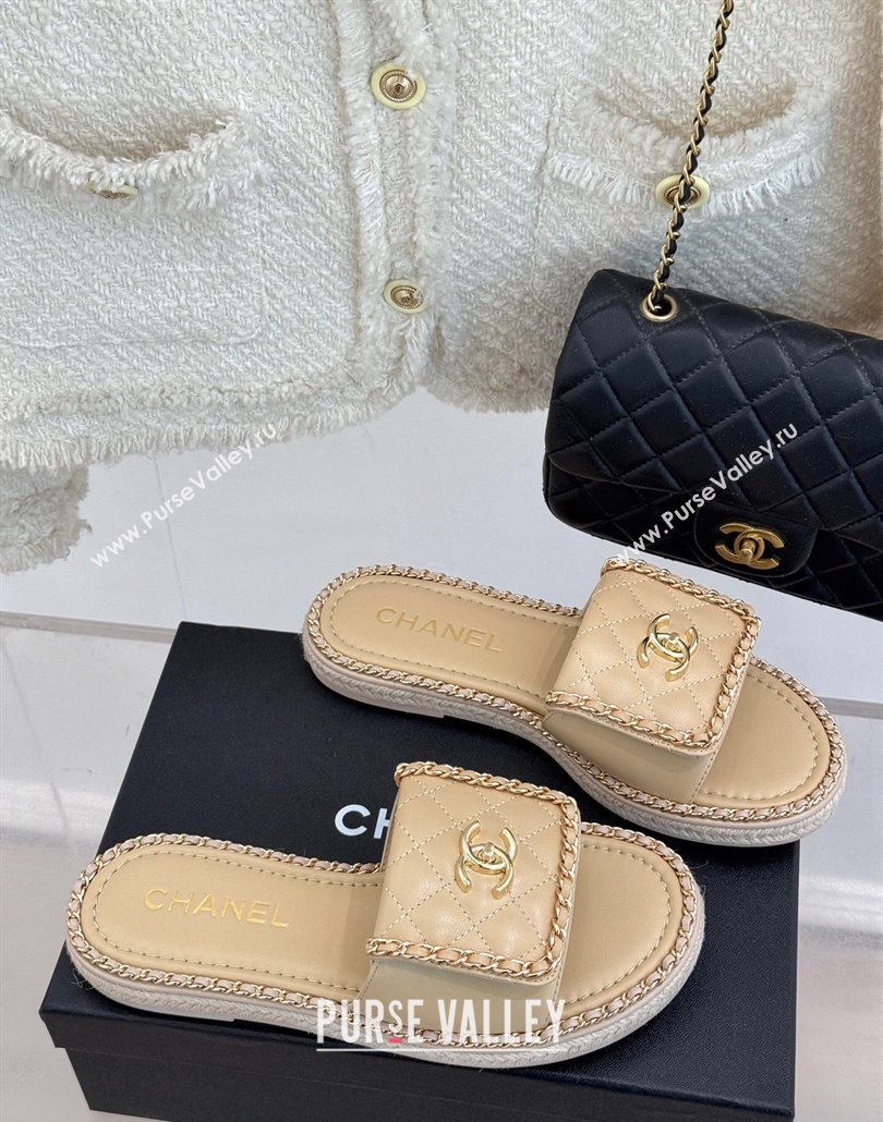 Chanel Lambskin Flat Slides Sandal with Foldover and Chain Beige 2025 CH030404 (MD-250304092)
