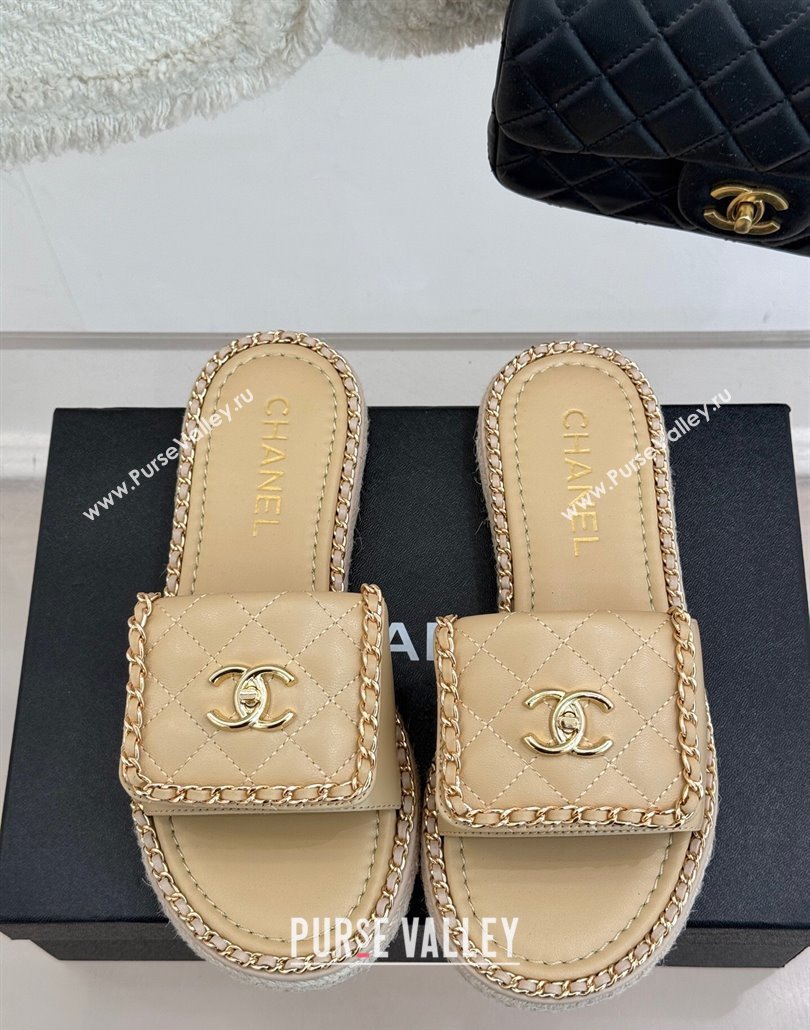 Chanel Lambskin Flat Slides Sandal with Foldover and Chain Beige 2025 CH030404 (MD-250304092)